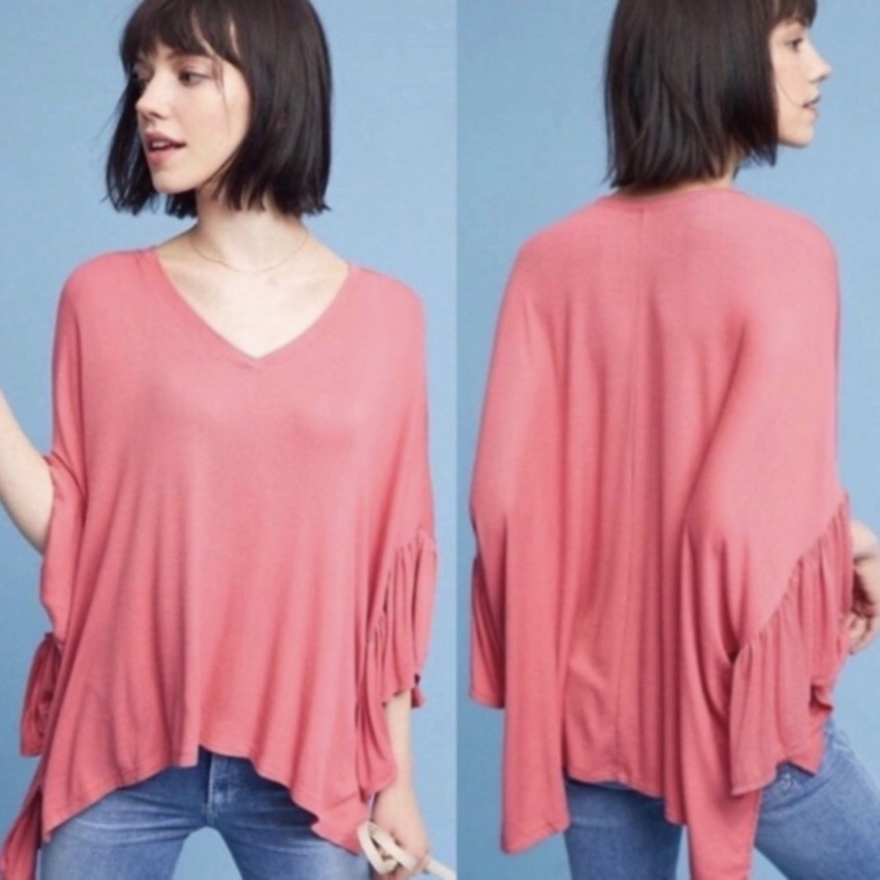 ANTHROPOLOGIE Akemi + Kin Coral Pink Cappa Fluttered V Neck Ruffle Trim Tunic