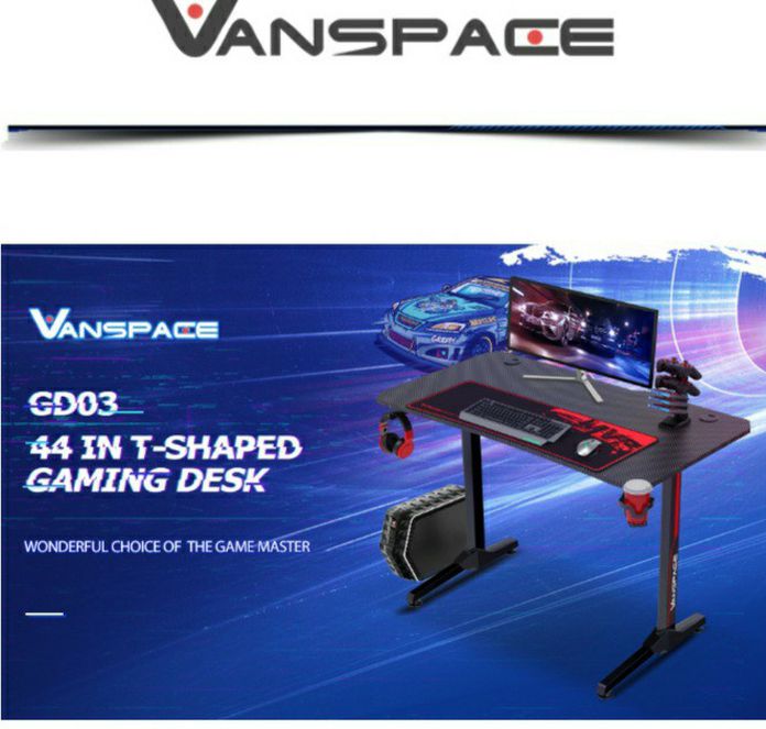 VANSPACE 44 Inch Ergonomic Gaming Desk with Gaming Mouse Pad, T-Shaped Office Desk PC Computer Desk, Gaming Table Gamer Workstation with Gaming Handle