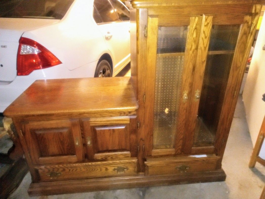 Vintage Wooden TV Unit W/ Glass Door Storage Cabinet