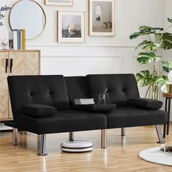 Modern Fabric Upholstered Futon with 2 Throw Pillows, Black