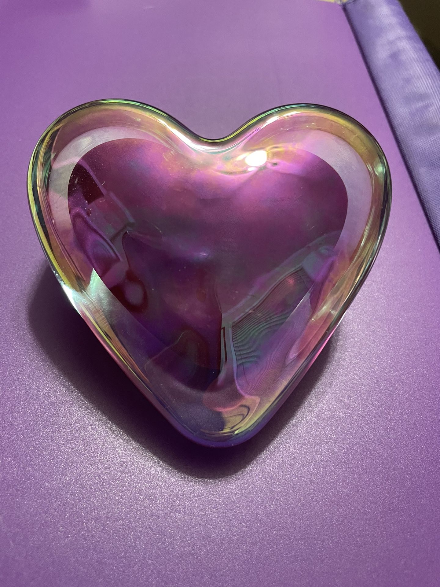 Heart-Shaped Iridescent Glass Paperweight Signed & Dated