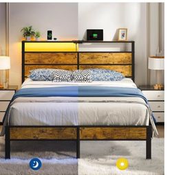 $100,Full Metal Bed Frame with USB Charging Station, Headboard Storage, LED Lights, Noise-Free Design, No Box Spring Needed