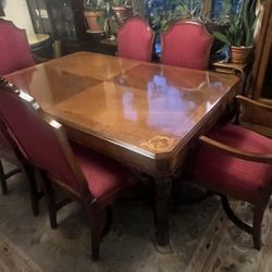 Antique Burl Walnut Beautiful Inlay Extensions Dining Table w/6 Matching Chairs (64" up to 123")
