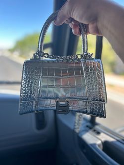 Silver Balenciaga Hourglass Crocodile Imprint Hand Bag