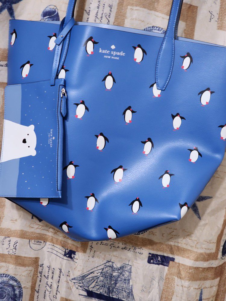 KATE SPADE ARCTIC FRIENDS PENGUIN LARGE TOTE Purse and WRISTLET Blue K4755 NWT