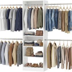 White Wooden Closet System, 4.5-10ft Expandable Closet Organizer with 5 Hanging Rods & 4-Tier Shelving Tower, Adjustable Walk-in Reach-in Wardrobe Sto