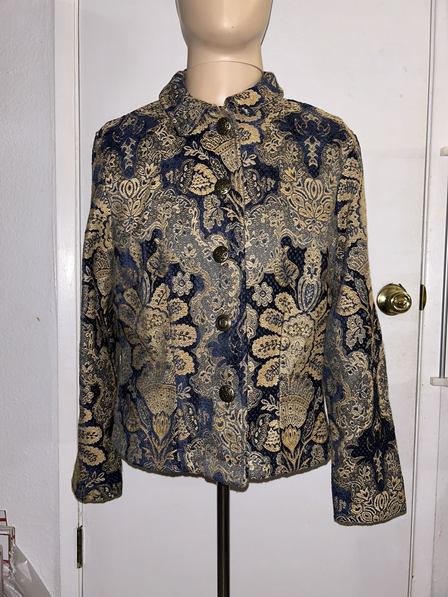 Vintage J. Marco Women's Jacket Jean Denim Gold Floral Canadian Fabric Sz 10