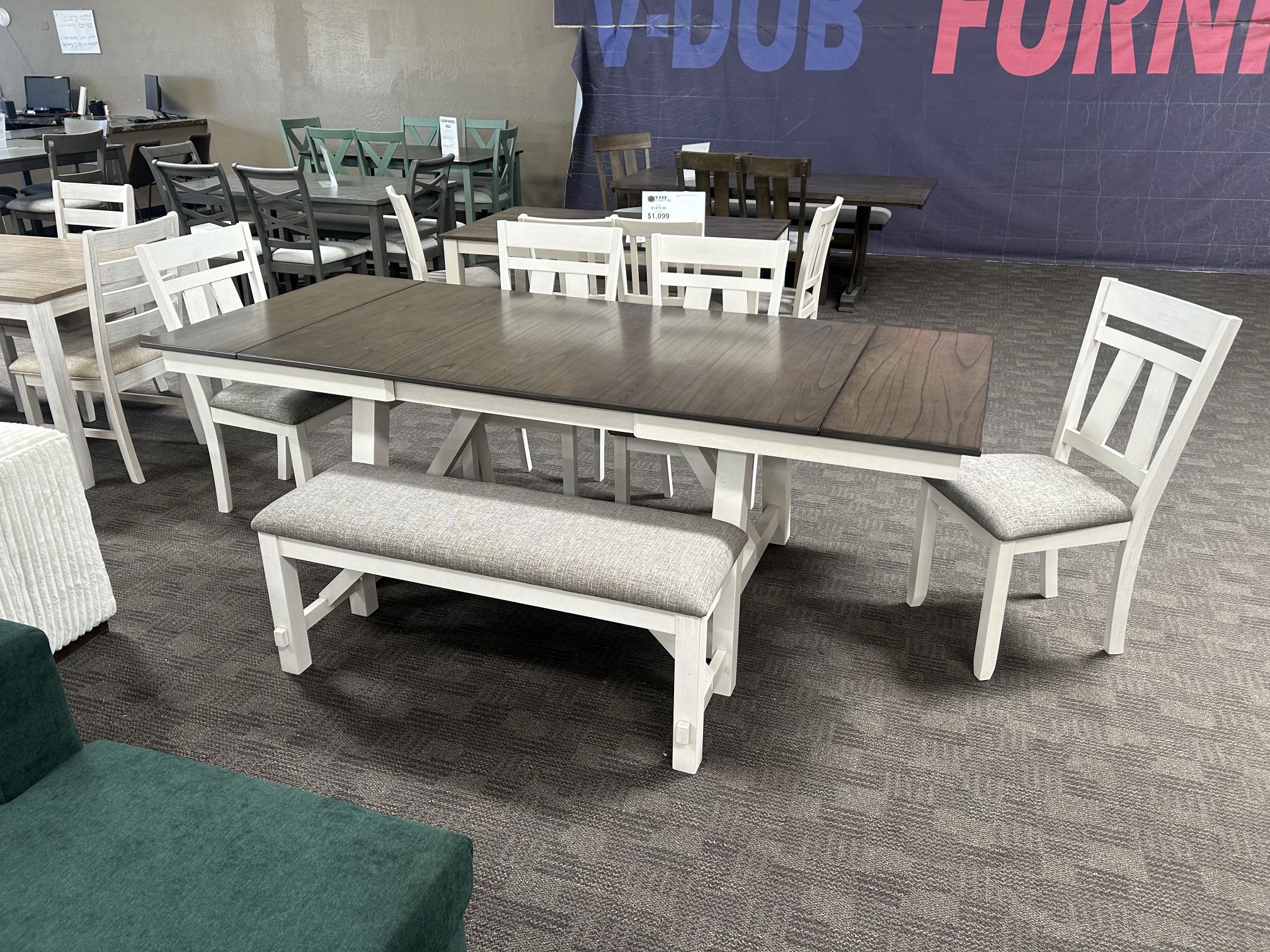 Farmhouse Dining White And Grey Table With Bench