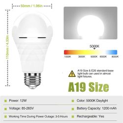 A19 Rechargeable Light Bulbs, Emergency Lights for Home Power Failure, Led Bulb 60 Watt Equivalent, 5000K Daylight Light Bulb 1200mAh Battery Backup L