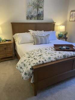 Marsden Mid-Century Modern Bedroom Set — Patina Wood & Rattan Cane (Bed + Dresser)