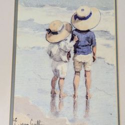 Framed Art Beach Scene Boy Girl Print 11 3/4 x 13 3/4 Artist E van Goethem