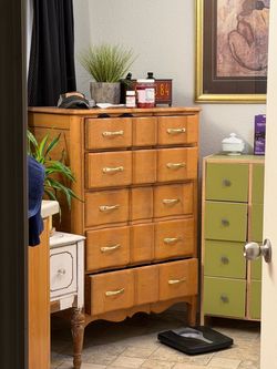 Vintage Wood Tall Dresser with Brass Handles