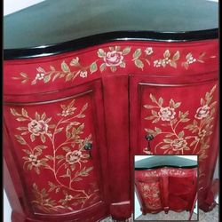 VINTAGE FLORAL FLOWER ROSE HAND PAINTED WOOD MARBLE TABLETOP CORNER SHELF CABINET OCCASIONAL CONSOLE HALL TABLE