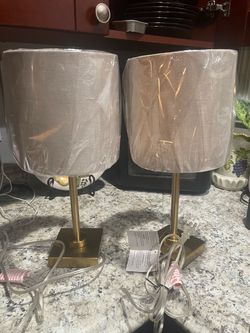 Pair of Brass Tone Table Lamps with Linen Shades