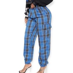 Womens Blue Plaid Joggers