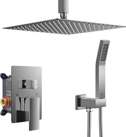 FORIOUS Rain Shower Head System, Shower Faucet Set with Handheld Spray Combo Rough-in Valve, Solid Brass Pressure Balanced Valve Trim Kit, 12" Wall Mo