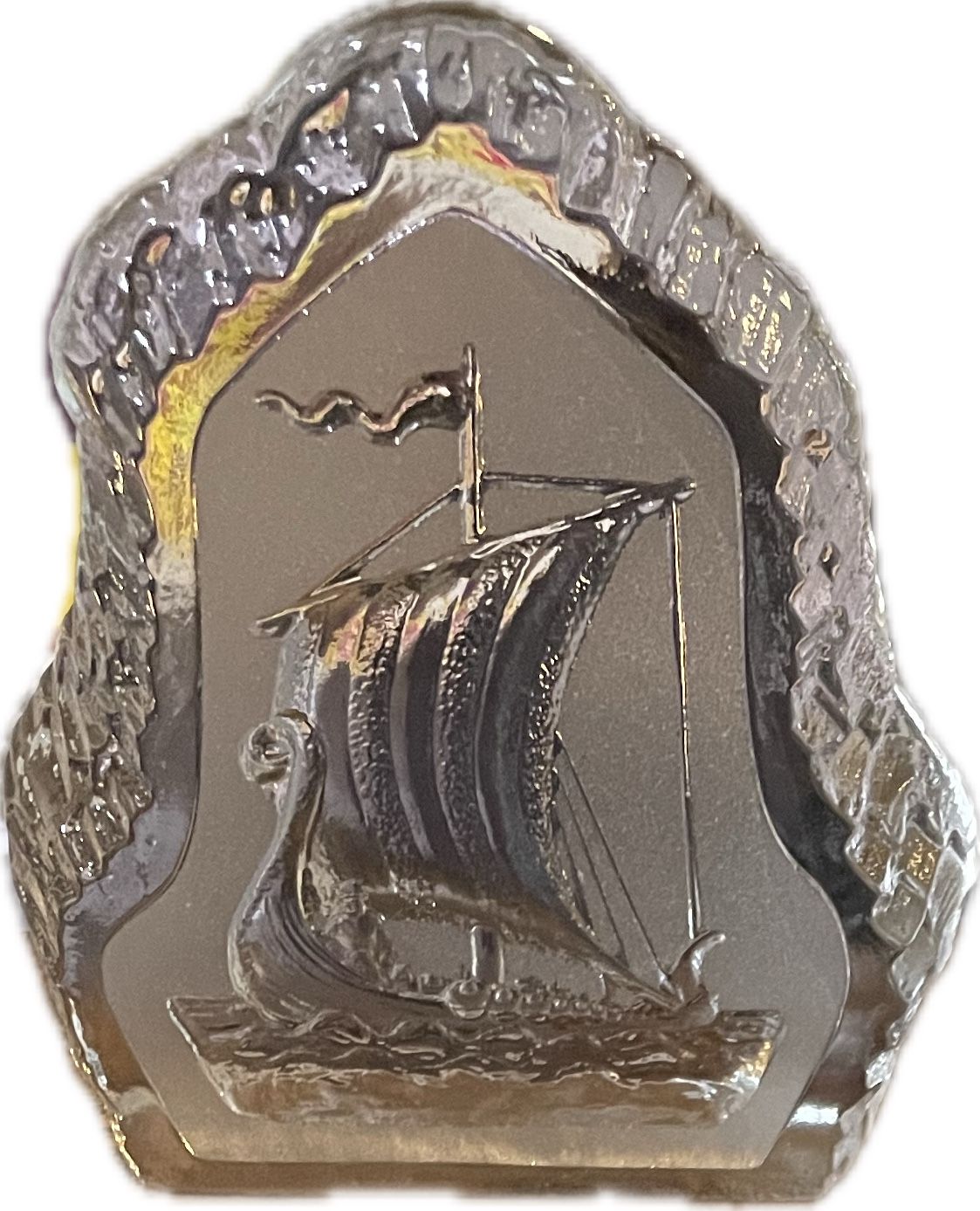 Nybro Sweden Viking Ship Etched Glass Paperweight