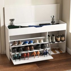 Modern Shoe Storage Bench With Adjustable 3-Tier Flip-Up Drawers And Hidden Cabinet, Space-Saving Shoe Organizer For Entryway, White