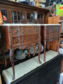 Antique French Louis XV Style Marble Top And Walnut Side Tables / Chests - Pair