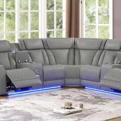 Recliner Sectional Sofa W/ Bluetooth Sub Woofer/ Massager / USB Charging Ports And LED Lights 