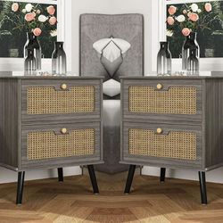Set Of 2 Gray Rattan Nightstands w/ 2-Drawers [NEW IN BOX] **Assembly Required^ 