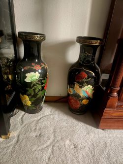 Vintage Black Vase with Peacock