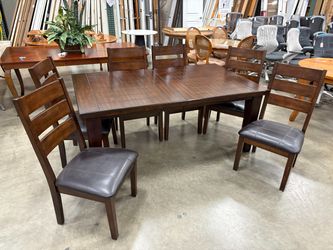 ASHLEY FURNITURE Espresso Finished Rectangular Dining Table and 6 Chairs with Black Leather Seats and Extension Leaf