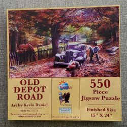 New JIGSAW PUZZLE "OLD DEPOT ROAD" Sunsout  K DANIEL 550 PIECES 15" X 24" HORSES