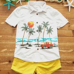 SIZE 6-7 BOYS 2-PIECE OUTFIT WHITE BUTTON DOWN COLLAR HAWAIIAN SHIRT W/VINTAGE YELLOW KHAKI SHORTS