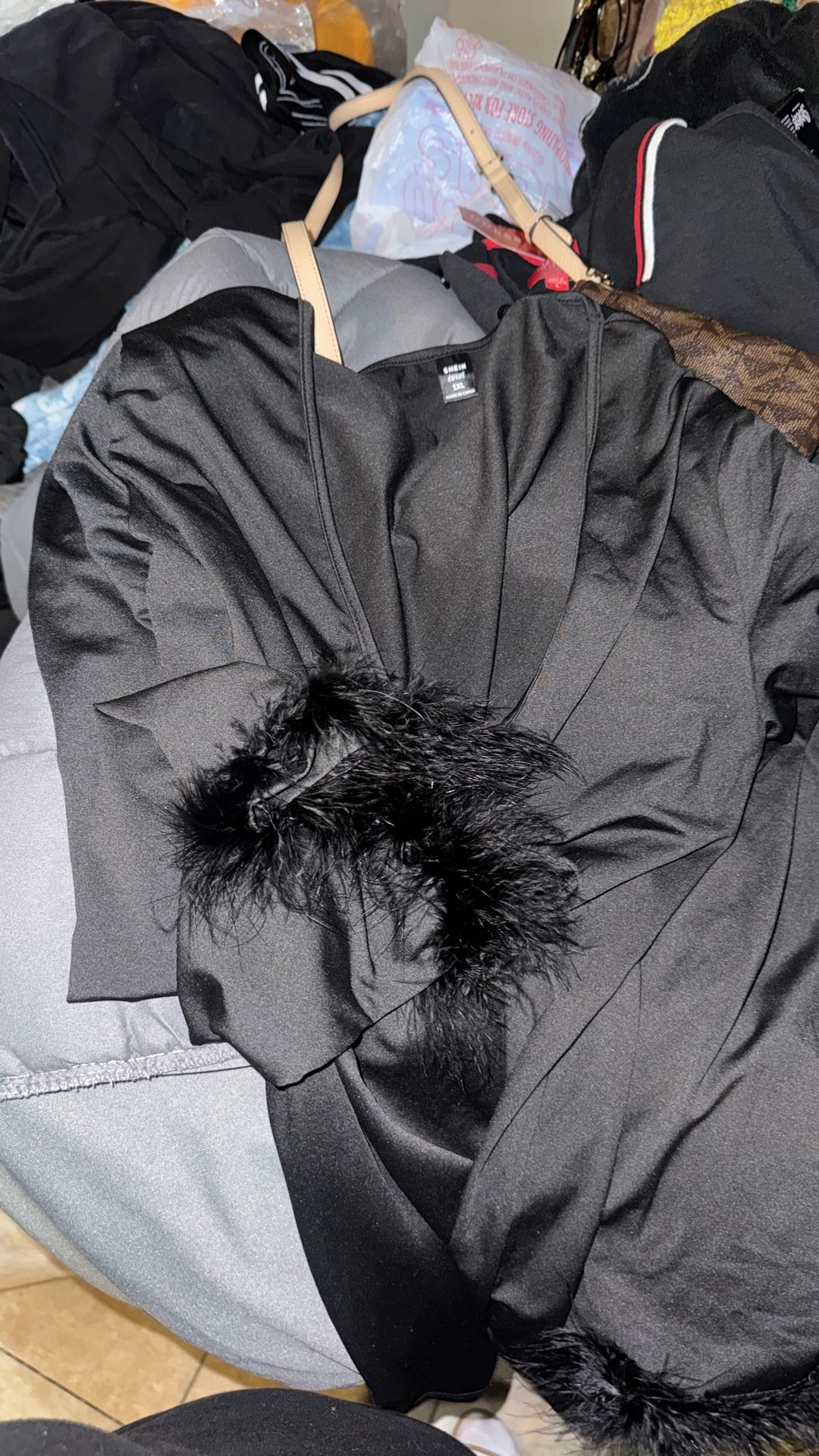 V-neck Black Long Sleeve Dress With Fuzzy Sleeve . 