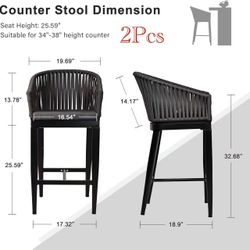 🥨2Pcs 25 Inch Outdoor Counter Height Bar Stools, Woven Back Counter Bar Chairs with Cushion, Aluminum Boho Counter Height Barstools 