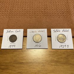1899 Indian Cent and 1912 Liberty & 1929D Buffalo Nickels