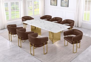 9 PIECE MARBLE TOP DINING TABLE SET MOCHA LEATHAIER SIDE CHAIRS GOLD POLISHED FINISH