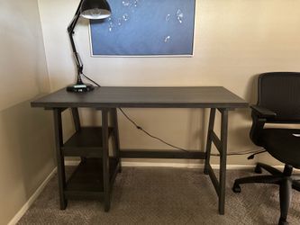 Modern Charcoal Grey Desk with Built-In Storage Shelves