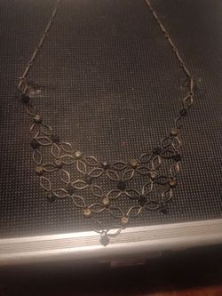 Silver Tone Filigree Bib Necklace with Stones
