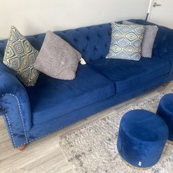 Royal Blue Tufted Couch  with Two Ottomans 