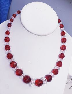 GORGEOUS VICTORIAN RED & CLEAR AUSTRIAN CRYSTAL & 14KT NECKLACE "NICE"