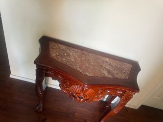 Carved Wood Console Table with Marble Top