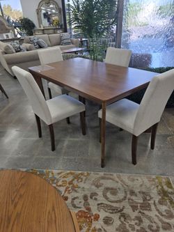 5pc Dining Table Set with Brown wooden table + Beige fabric dining chairs