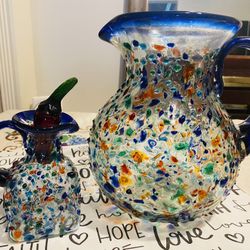 Hand blown Margarita Pitcher And Matching Salsa Container 