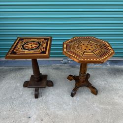Beautiful Handcrafted Late 1940-60s Inlaid Wood Pedestal Tables