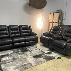 Black/ Red/Brown Reclining Sofa and Loveseat Set - Faux Leather Plush Seat 