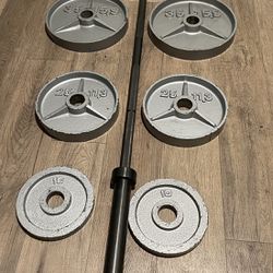 Set Of Olympic Cast Iron Weight Plates & 7 ft 45 lbs Barbell (275 lbs)