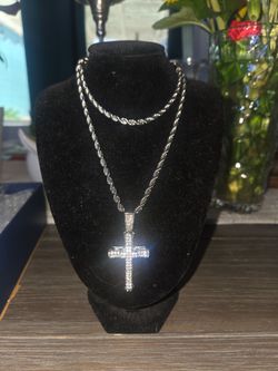 Silver Rope Chain Necklace with CZ Cross Pendant