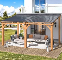 14' x 10' Outdoor Wood Gazebo for Patio, Outdoor Lean to Hardtop Cedar Pergolas and Gazebos Clearance, Wall Mounted Wooden Gazebo Heavy Duty Awnings f