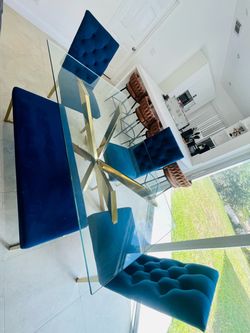 “Modern 6-Piece Glass Dining Set – Gold & Blue Velvet”.