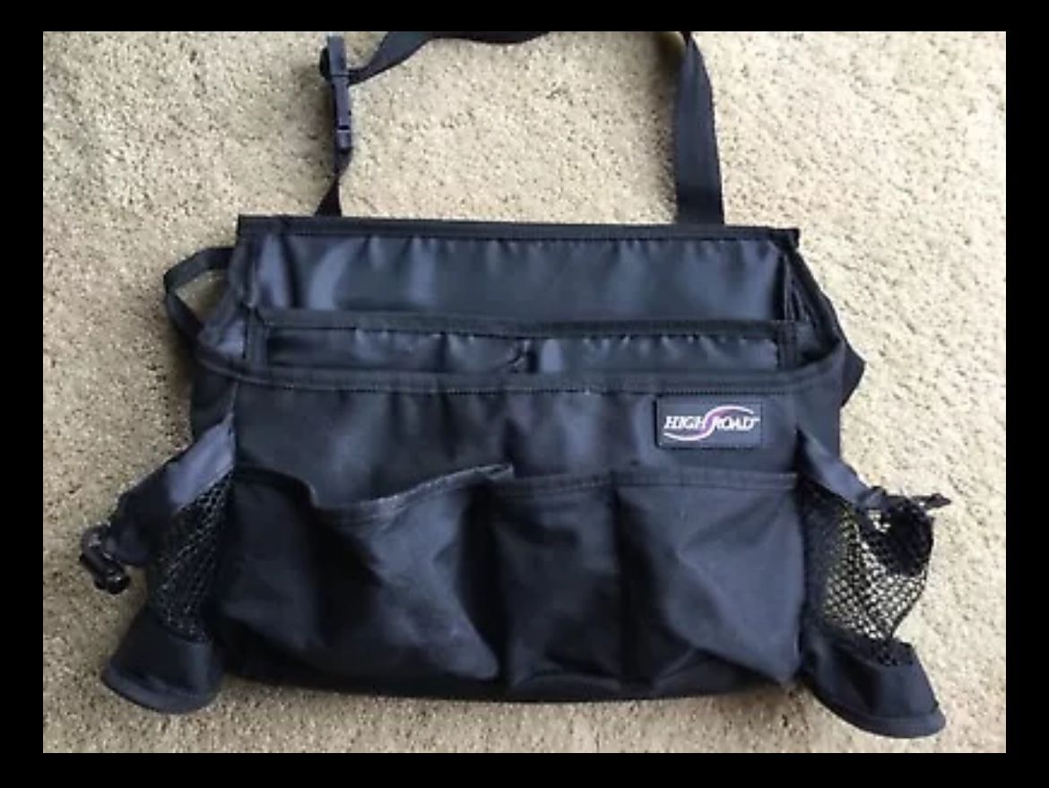 BLACK STRAP-ON CANVAS TRAVEL ORGANIZER / CAR SEAT STORAGE CASE WITH POCKETS