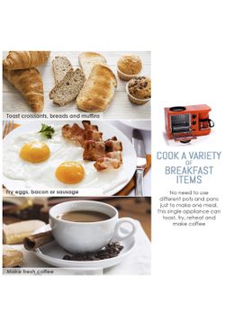 Americana EBK-200R Retro Nostalgia 3-in-1 Breakfast Maker Station 4 Cup Coffeemaker, Toaster Oven with Timer, Red