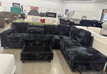 (NEW IN BOX) Black Cord Sectional With Cup Holder And Free Ottoman -FINANCE AVAILABLE