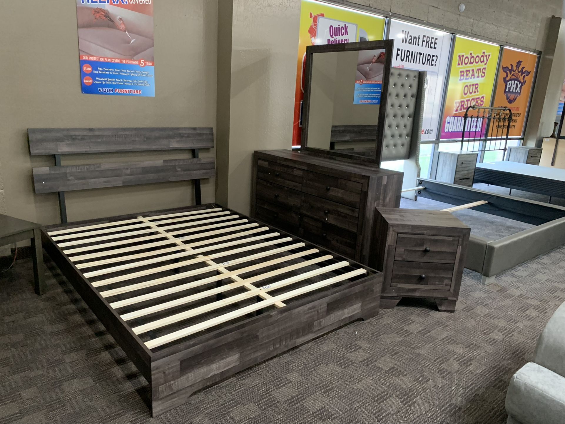 Brown And Grey Queen Bed And Dresser Set